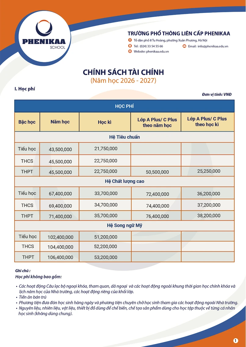 Học phí Phenikaa School