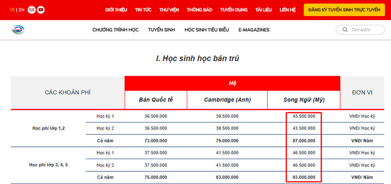 Học phí chương trình Song ngữ cấp Tiểu học tại Newton School