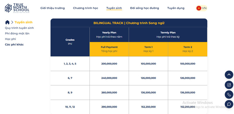 Học phí chương trình Song ngữ tại True North School