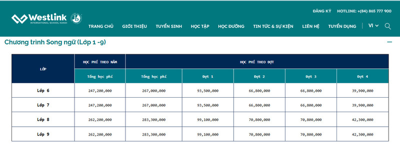 Học phí chương trình Song ngữ tại Westlink