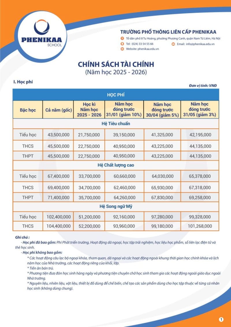 Học phí Phenikaa School năm học 2025 - 2026