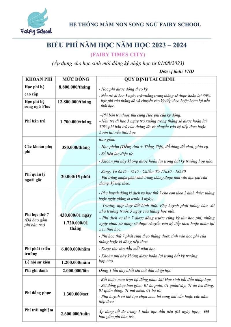 Học phí tại Mầm non Fairy School năm học 2023 - 2024