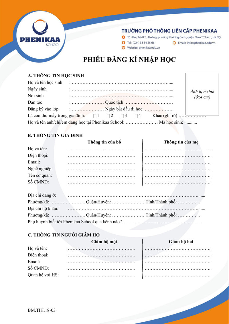 Phiếu đăng ký nhập học trang 1