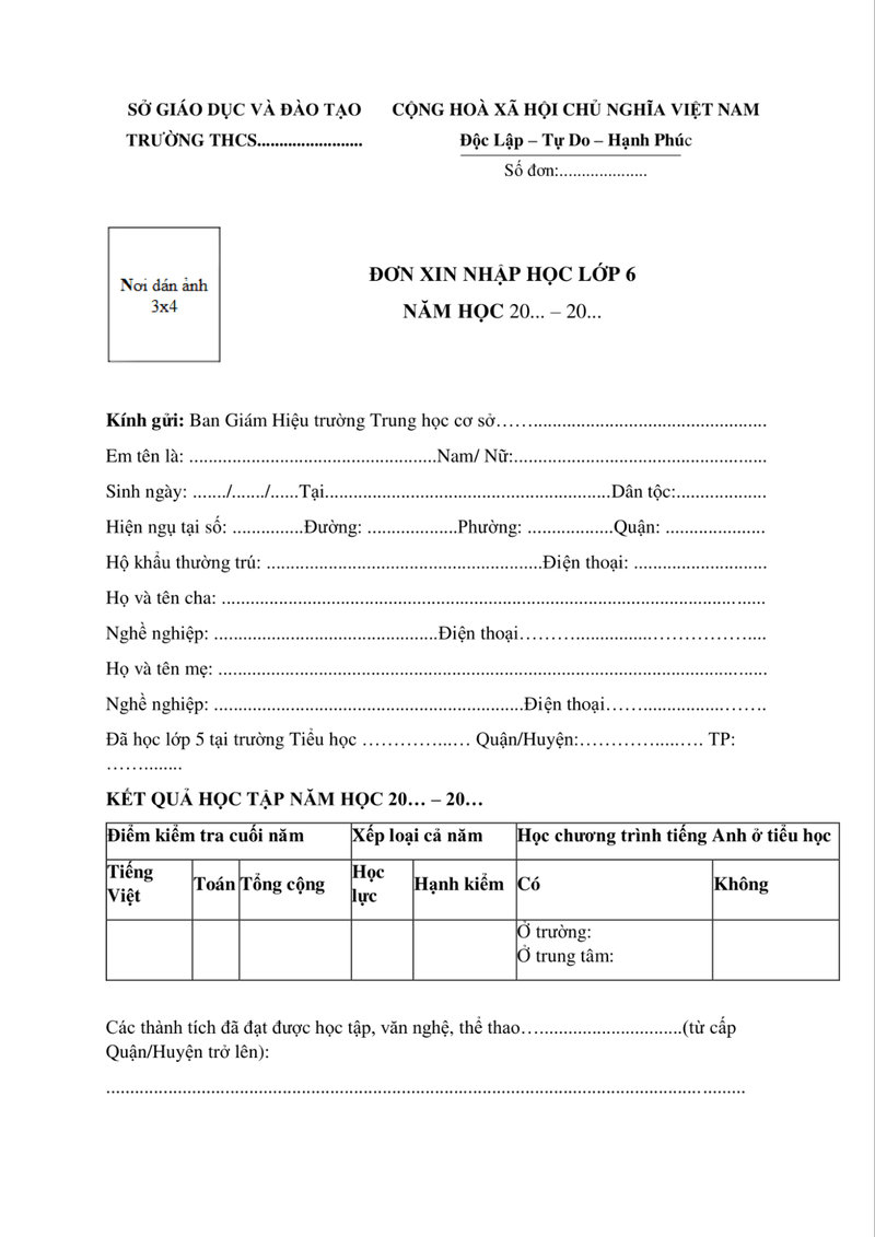 Đơn xin nhập học cấp 2 - Trang 1