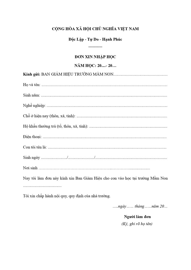 Mẫu đơn xin nhập học Mầm non số 1