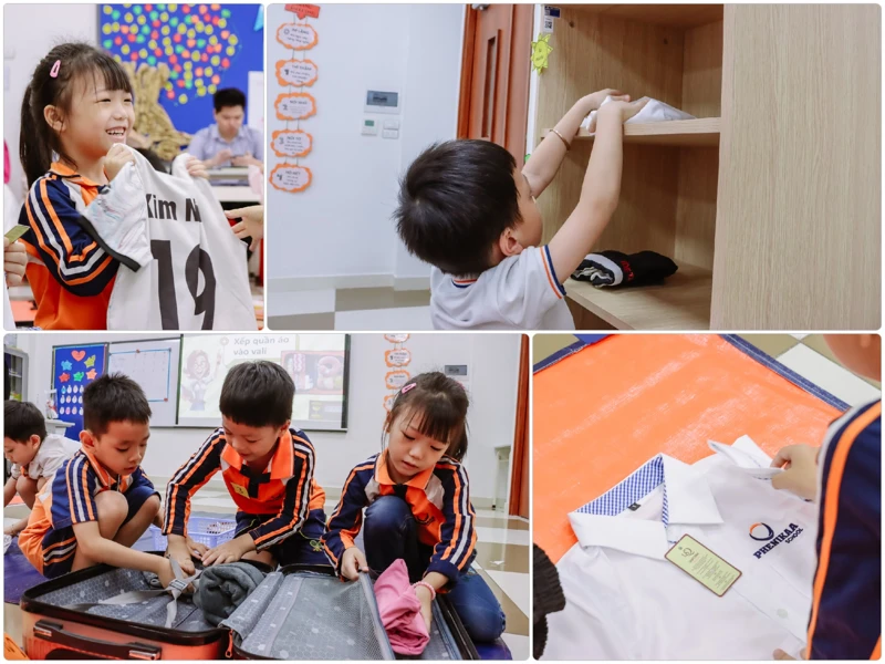 Con được học kỹ năng gấp quần áo tại lớp học kỹ năng sống của Phenikaa School
